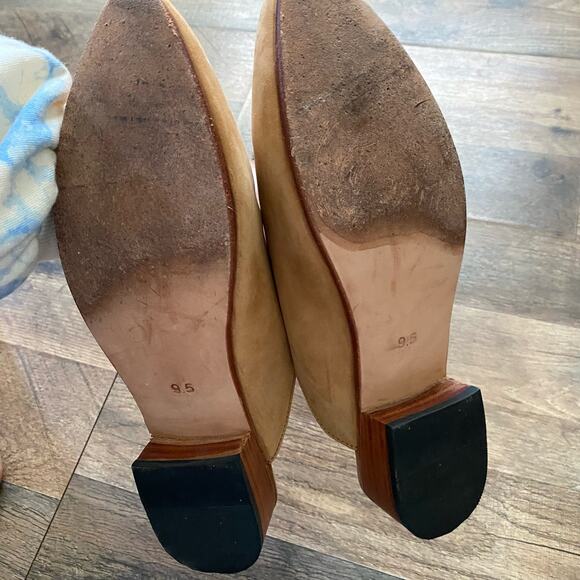 Nisolo Mules Clogs Mariella Tan Sand Suede Leather Block Heels Wooden Almond Toe - Picture 9 of 9